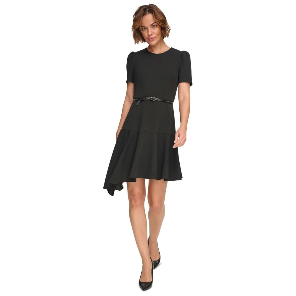 Belted Asymmetric-Hem Dress Size 6 Black New With Tags
